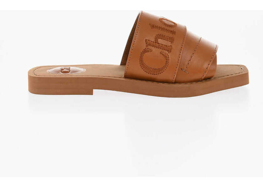 Sandale fara toc Chloe Leather Woody Slides With Embroidered Logo Brown Femei (BM 18968914) 3