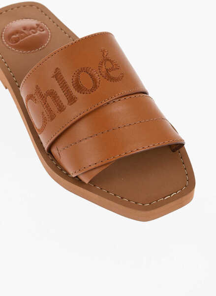 Sandale fara toc Chloe Leather Woody Slides With Embroidered Logo Brown Femei (BM 18968914) 4