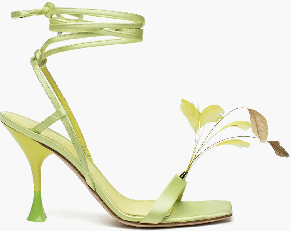 Sandale cu toc 3JUIN Satin Kimi Sandals With Decorative Feathers 10Cm Green Femei (BM 18968929) 3