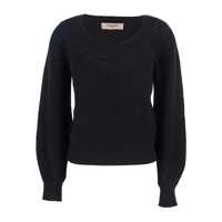 Pulovere Black Sweater With Embroidered Collar And Elastic Cuffs In Wool And Cotton Woman Femei