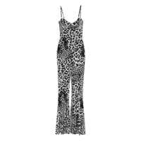 Salopete Grey Jumpsuit With Adjustable Shoulder Straps And All-Over Leopard Motif In Tech Fabric Stretch Woman Femei