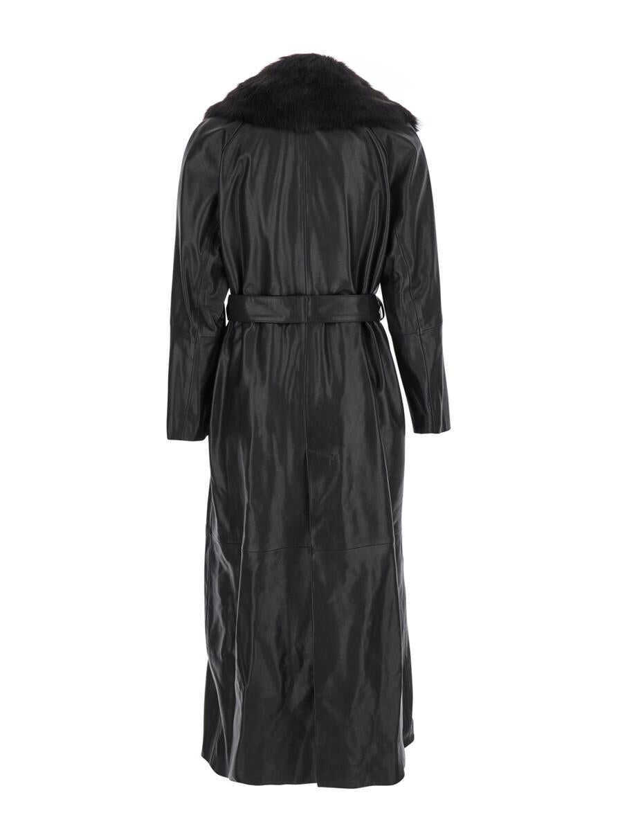Paltoane Nour Hammour Black Coat With Removable Faux-Fur Lapels And Waist Belt In Leather Woman Black Femei (BM 18974385) 2
