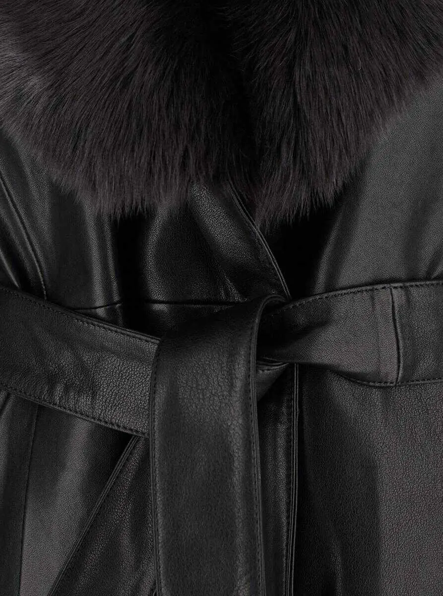 Paltoane Nour Hammour Black Coat With Removable Faux-Fur Lapels And Waist Belt In Leather Woman Black Femei (BM 18974385) 3