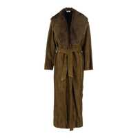 Paltoane Olive Green Coat With Removable Faux-Fur Lapels And Waist Belt In Suede Woman Femei