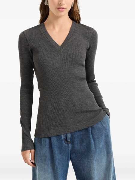 Tricouri Brunello Cucinelli Long sleeve wool ribbed jersey T-shirt with shiny trim GRAFITE Femei (BM 18976540) 3