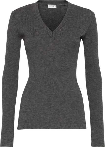 Tricouri Brunello Cucinelli Long sleeve wool ribbed jersey T-shirt with shiny trim GRAFITE Femei (BM 18976540) 1
