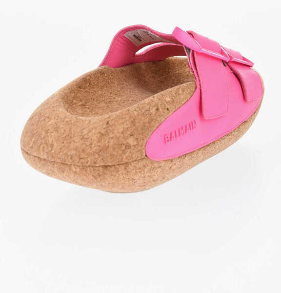 Sandale fara toc Balmain Leather B-It Sandals With Double Buckle And Cork Chunky Sole Pink Femei (BM 18977473) 2