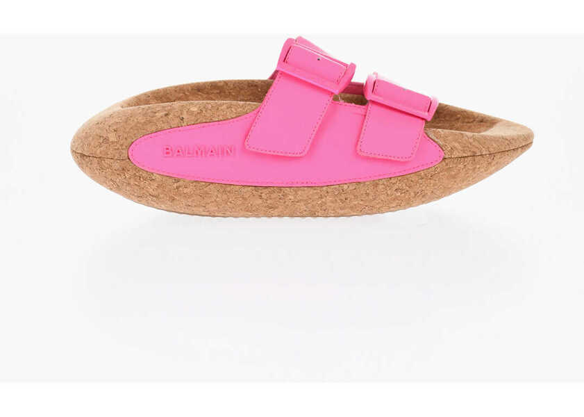 Sandale fara toc Balmain Leather B-It Sandals With Double Buckle And Cork Chunky Sole Pink Femei (BM 18977473) 3
