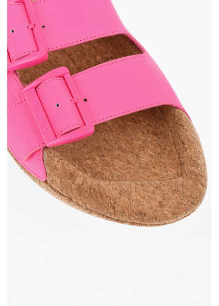 Sandale fara toc Balmain Leather B-It Sandals With Double Buckle And Cork Chunky Sole Pink Femei (BM 18977473) 4