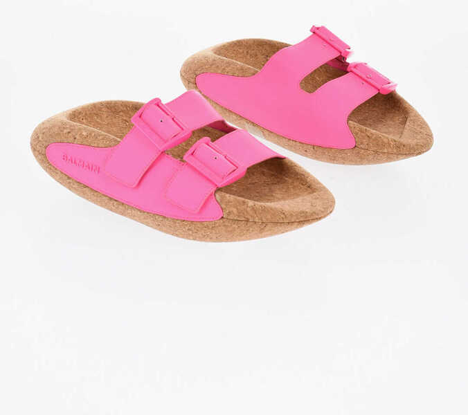 Sandale fara toc Balmain Leather B-It Sandals With Double Buckle And Cork Chunky Sole Pink Femei (BM 18977473) 1