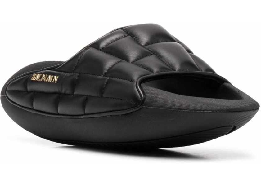 Sandale fara toc Balmain Quilted Leather B-It Sandals With Golden Logo And Chunky Sol Black Femei (BM 18977512) 2