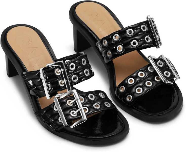 Sandale cu toc Ganni Faux Leather Mules With Double Silver-Tone Buckle Heel 7Cm Black Femei (BM 18977557) 2