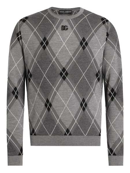 Pulovere Dolce & Gabbana Grey Crew Neck Sweater With Front Logo And Diamond Pattern In Wool Blend Man GREY Barbati (BM 18992385) 1
