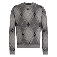 Pulovere Grey Crew Neck Sweater With Front Logo And Diamond Pattern In Wool Blend Man Barbati