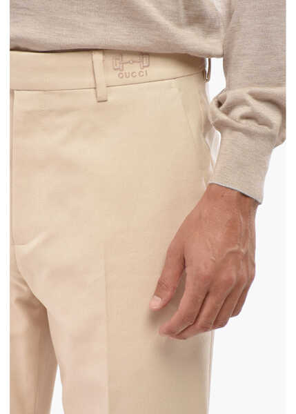 Pantaloni casual Gucci Solid Color Cotton Pants With Embroidered Logo Beige Barbati (BM 19007314) 3