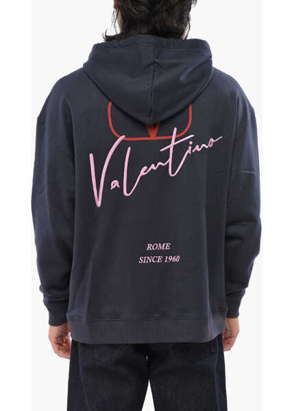 Bluze de trening Valentino Garavani Brushed Cotton Blend Hoodie With Embroidered Logo Blue Barbati (BM 19007320) 2