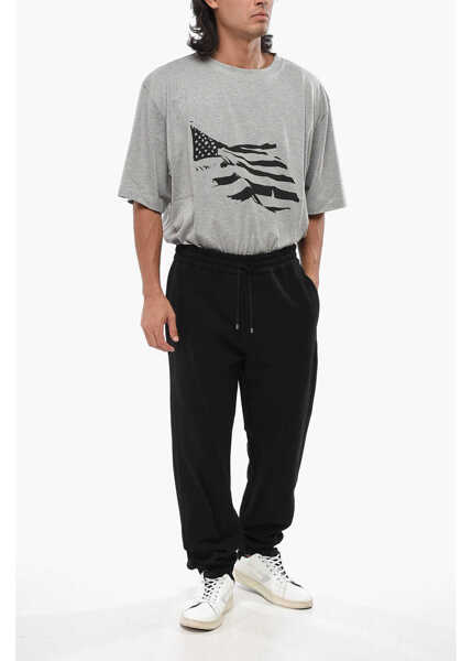 Pantaloni de trening Saint Laurent Solid Color Fleeced Cotton Joggers With Elastic Waistband Black Barbati (BM 19008487) 4