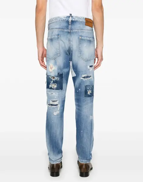Blugi drepti DSQUARED2 Vintage Effect Cool Guy Jeans With Decorative Patches 16Cm Blue Barbati (BM 19088045) 4