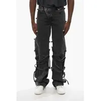 Blugi slim fit Washed-Effect Jeans With Applied Side Loops And Tie-Up Laces Barbati