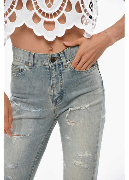 Blugi skinny Saint Laurent High Waist Slim Fit Distressed Jeans 14Cm Blue Femei (BM 19088132) 3