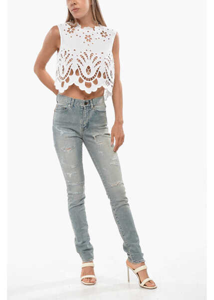 Blugi skinny Saint Laurent High Waist Slim Fit Distressed Jeans 14Cm Blue Femei (BM 19088132) 4