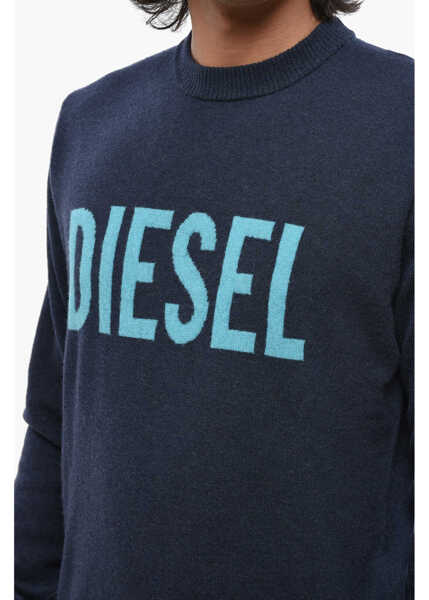 Pulovere Diesel Cashmere Blend Crew Neck Sweater With Jacquard Logo Blue Barbati (BM 19088594) 3
