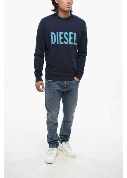 Pulovere Diesel Cashmere Blend Crew Neck Sweater With Jacquard Logo Blue Barbati (BM 19088594) 4
