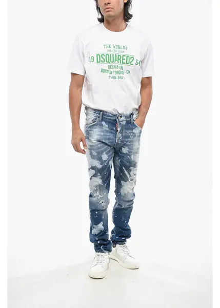 Blugi drepti DSQUARED2 Stretch Denim Cool Guy Jeans With Paint Effect Details 16Cm Blue Barbati (BM 19088597) 4