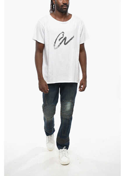 Tricouri GREG LAUREN Solid Color Crew-Neck T-Shirt With Contrasting Print White Barbati (BM 19088660) 4
