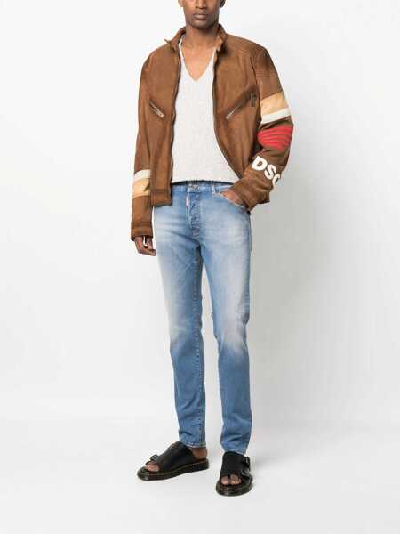 Blugi drepti DSQUARED2 Stretch Denim Jeans With Leather Logo Patch 16Cm Blue Barbati (BM 19088786) 2