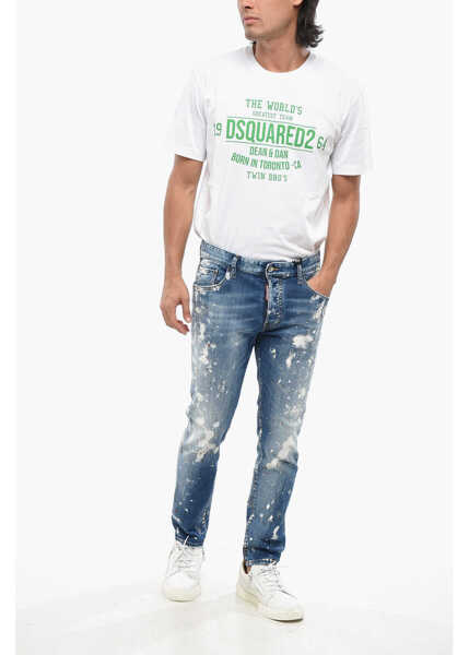 Blugi slim fit DSQUARED2 Stretch Denim Skater Jeans With Paint Effect Details 16Cm Blue Barbati (BM 19088789) 4