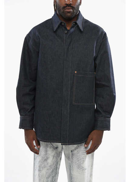 Camasi de blugi Valentino Garavani Denim Overshirt With Hidden Buttoning And Leather Logo Patch Blue Barbati (BM 19088864) 1