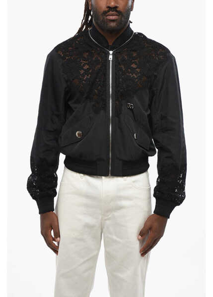 Bomber jacket Dolce & Gabbana Solid Color Bomber Jacket With Lace Inserts And Silver-Tone Black Barbati (BM 19088879) 1