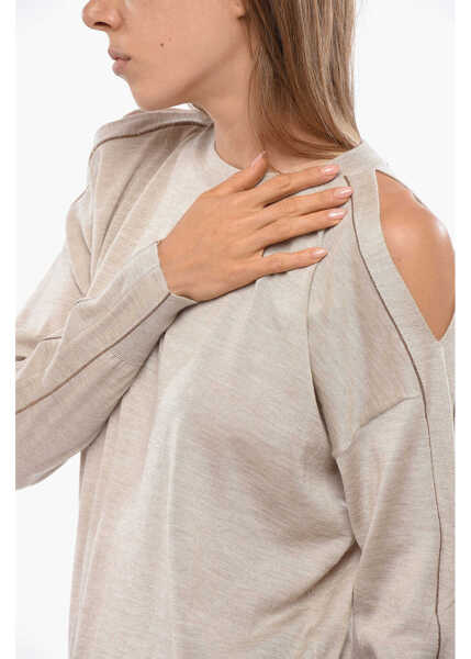 Pulovere Brunello Cucinelli Cashmere And Silk Crew-Neck Sweater With Rhinestone Beige Femei (BM 19088972) 3