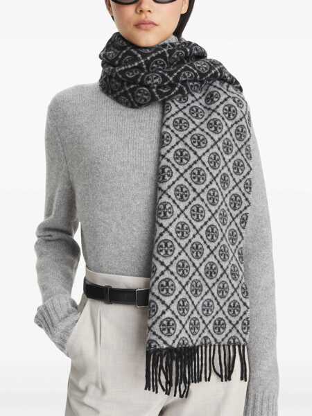Esarfe Tory Burch Black Scarf With All-Over T Motif Monogram And Fringed Edges In Wool Woman Black Femei (BM 19089456) 4
