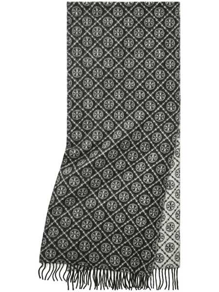 Esarfe Tory Burch Black Scarf With All-Over T Motif Monogram And Fringed Edges In Wool Woman Black Femei (BM 19089456) 1