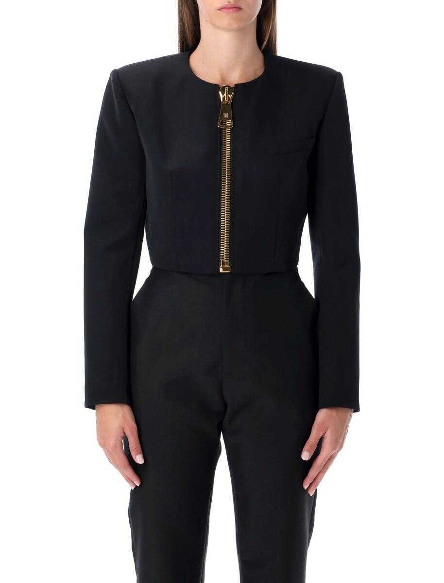 Geci Balmain Balmain Cropped Black Wool Jacket With Gold Zip Black Femei (BM 19090662) 1