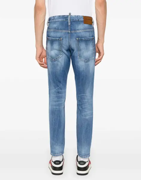 Blugi slim fit DSQUARED2 Straight Leg Skater Jeans With Suede Logo Patch 15Cm Blue Barbati (BM 19095845) 4
