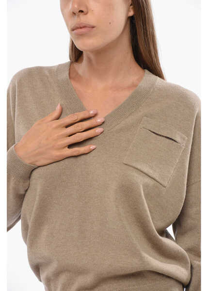 Pulovere Brunello Cucinelli Cashemere V-Neck Sweater Beige Femei (BM 19095944) 3