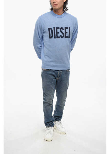 Pulovere Diesel Cashmere Blend Crew Neck Sweater With Jacquard Logo Light Blue Barbati (BM 19096091) 4