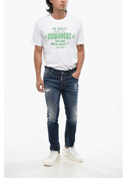 Blugi slim fit DSQUARED2 Vintage Effect Stretch Denim Super Twinky Jeans 15Cm Blue Barbati (BM 19096775) 4