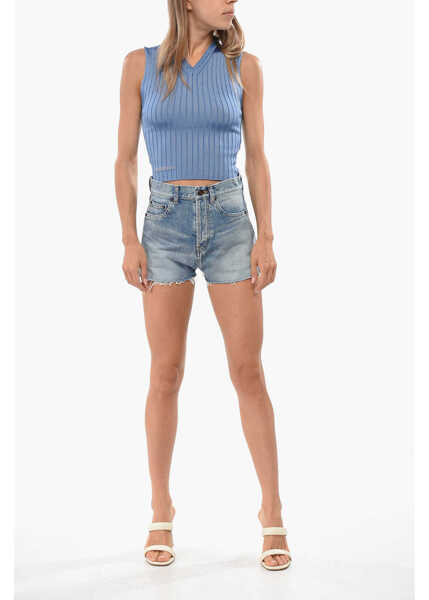Pantaloni scurti Saint Laurent Acid Wash Effect Frayed Hem Shorts Blue Femei (BM 19096829) 4