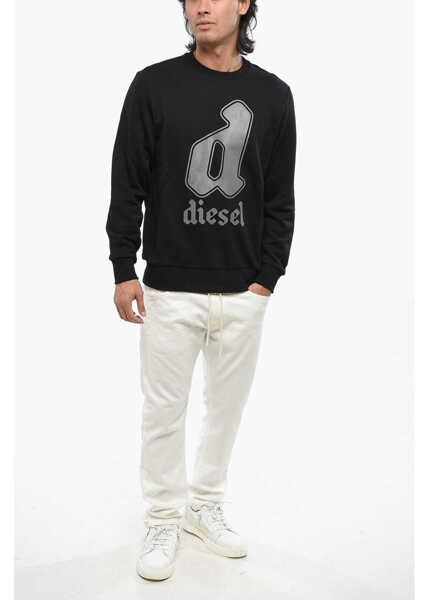 Bluze de trening Diesel Crew Neck Brushed Cotton Sweatshirt With Printed Logo Black Barbati (BM 19097576) 4