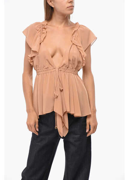 Bluze Chloe Deep Neckline Silk Frill Top Beige Femei (BM 19099892) 1