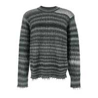 Pulovere Grey Crewneck Sweater With Fringed Hem And All-Over Striped Motif In Cotton Blend Man Barbati