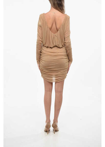 Rochii scurte Saint Laurent V-Neck Crepe De Chine Draped Dress Beige Femei (BM 19140470) 2