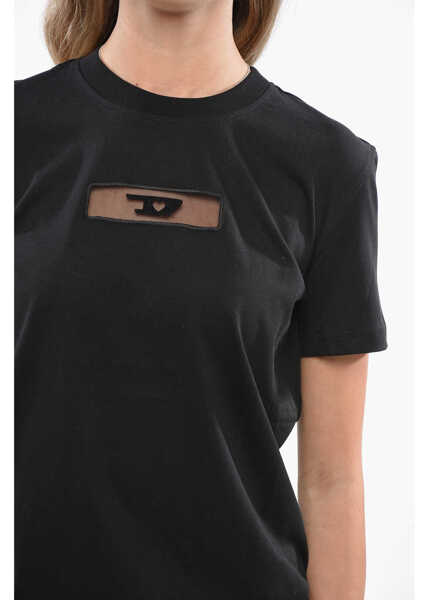 Tricouri Diesel Solid Color T-Reg Crew-Neck T-Shirt With Tulle Detail Black Femei (BM 19140587) 3