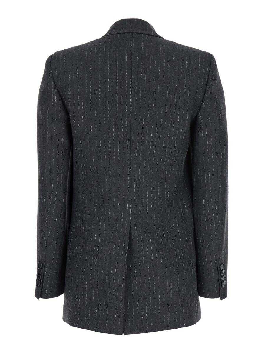 Sacouri PLAIN Grey Double-Breasted Jacket With Peak Revers And All-Over Striped Motif In Wool Blend Woman GREY Femei (BM 19157568) 2