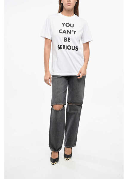 Tricouri Moschino Couture Cotton Crew-Neck T-Shirt With Contrasting Print Black & White Femei (BM 19164170) 4