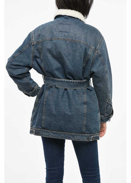 Paltoane Diesel Library Denim De-Flaminia-T Coat With Belt And Faux Fur Lini Blue Femei (BM 19164194) 2